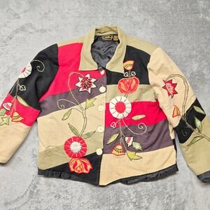 Allure Floral Embroidered Patchwork Corduroy Jacket Womens L Multi-Color Buttons